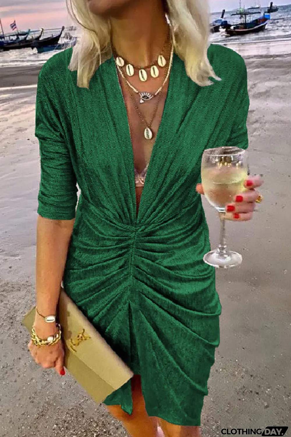 Celebrities Elegant Solid Fold V Neck A Line Dresses(4 Colors)