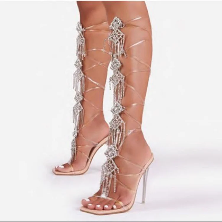 Nude Square Toe Stiletto Heels transparent Strappy Sandals Wrap Shoes |FSJ Shoes