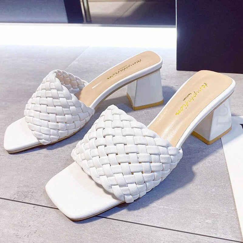 2021 Luxury Slides Women Mules Fetish Pumps Individual Weave Leisure New Thick Heel Office Ladies Prom Slippers Women's Shoes