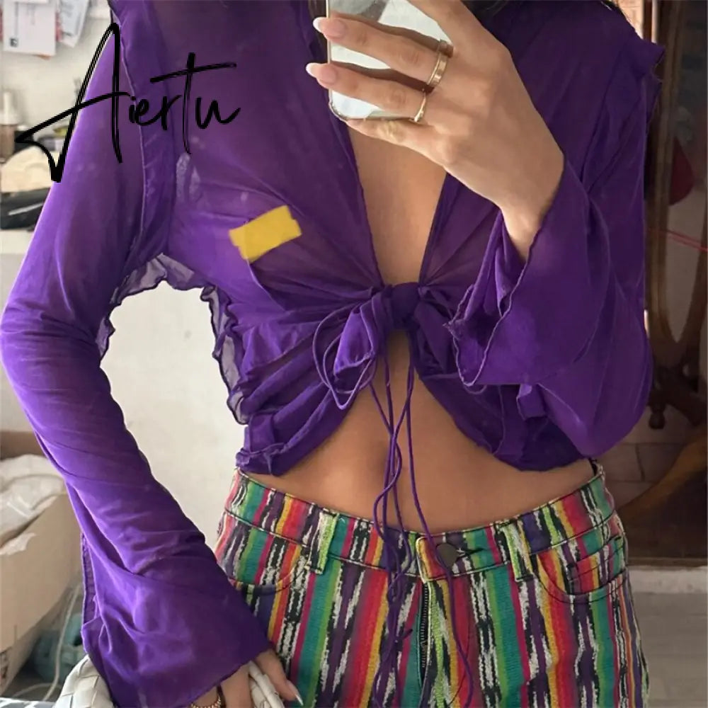 Tie-Dye Print Ruffle Trim Tie-Up Cardigans Women Long Sleeve Shirts Spring Summer V-Neck Swimsuit Cover-Up Tops Aiertu