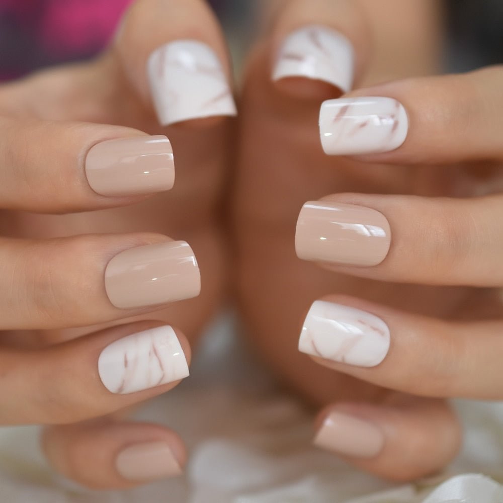 Natural Nude Color Press On Nails Marble White Artificial False Nails Square Short Glossy Pattern Tips with Glue Sticker