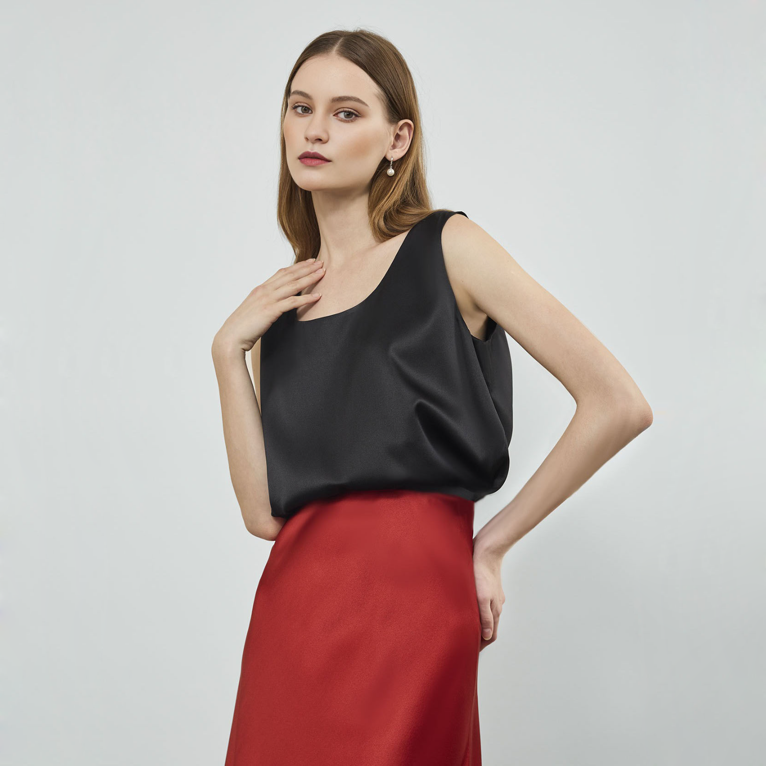 Women's Classic Stretch Sectional Mulberry Silk Cami Top Wide Crew Neck REAL SILK LIFE