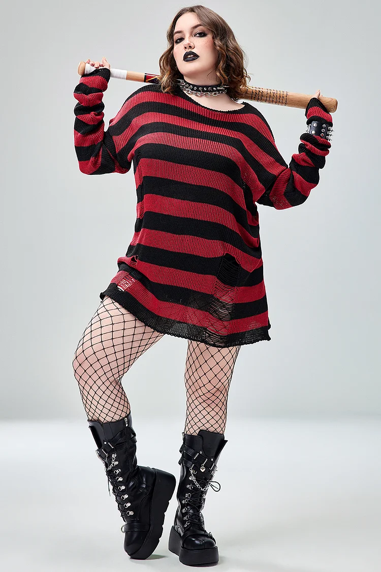Xpluswear Design Plus Size Halloween Costume Red Gothic Crochet Round-Neck Long Sleeve Striped Sweater [Pre-Order]