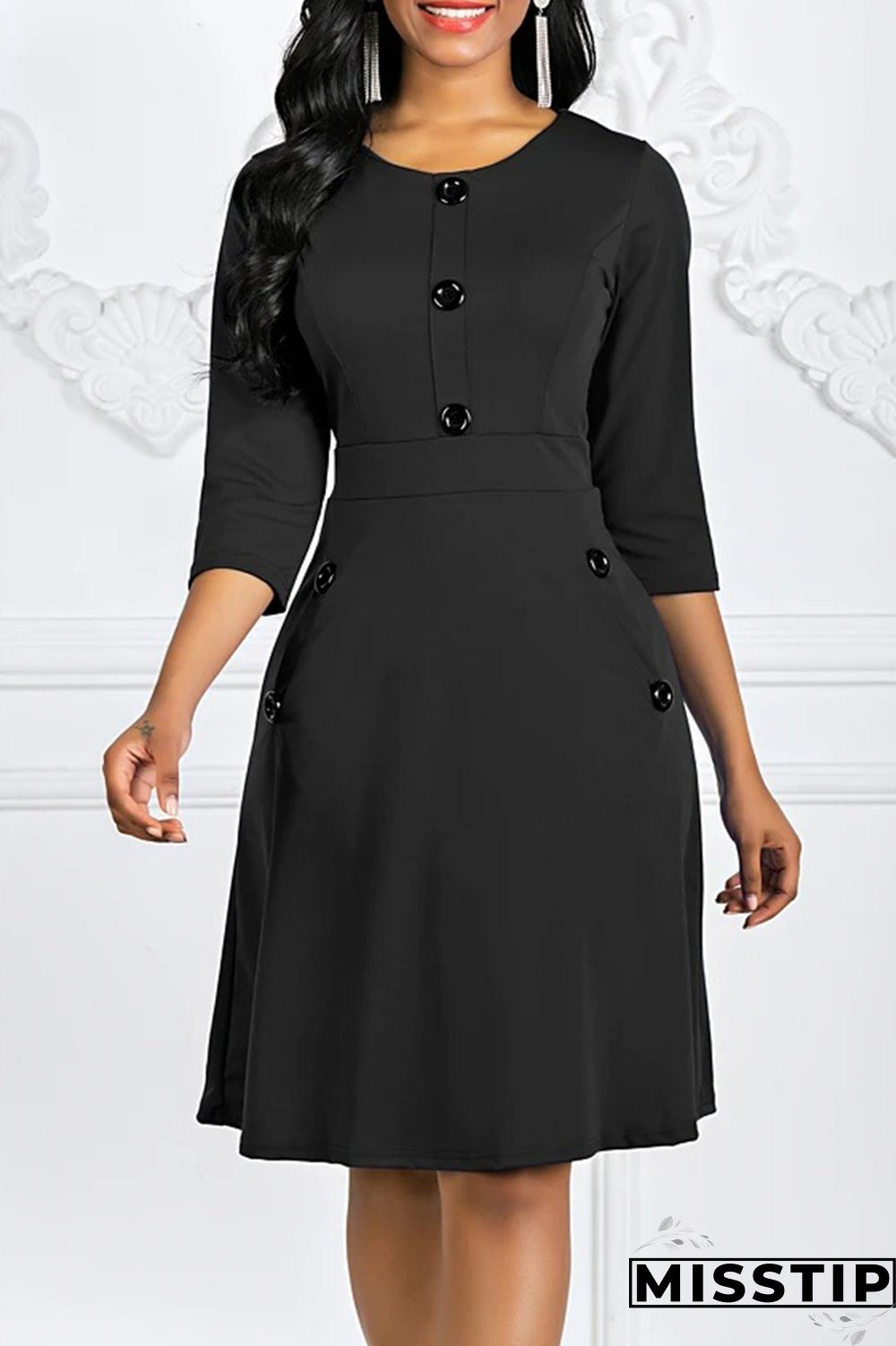 Black Fashion Casual Solid Basic O Neck A Line Dresses