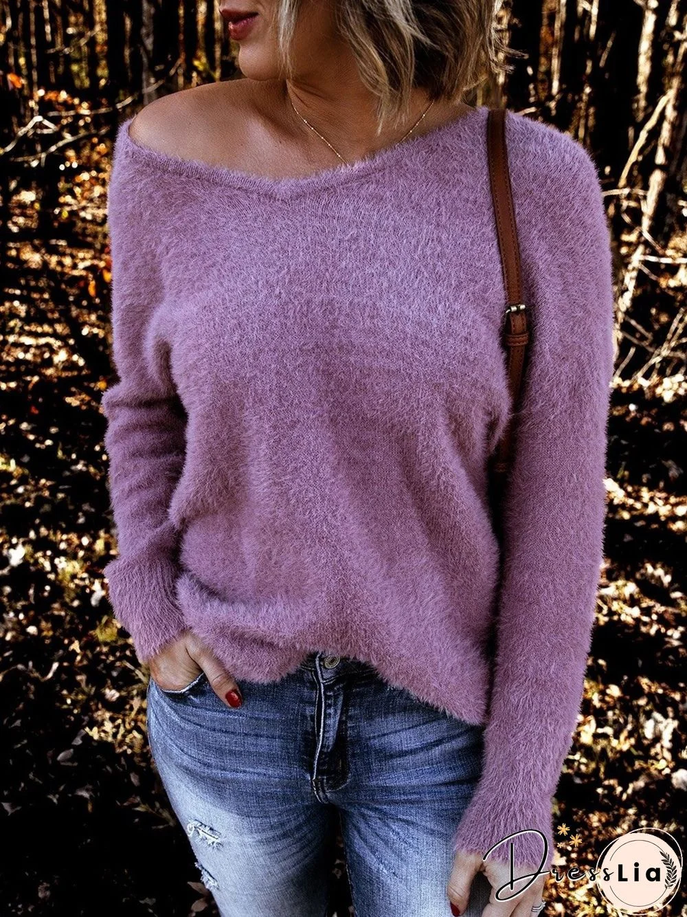 Purple Cotton-Blend Long Sleeve Casual Sweater