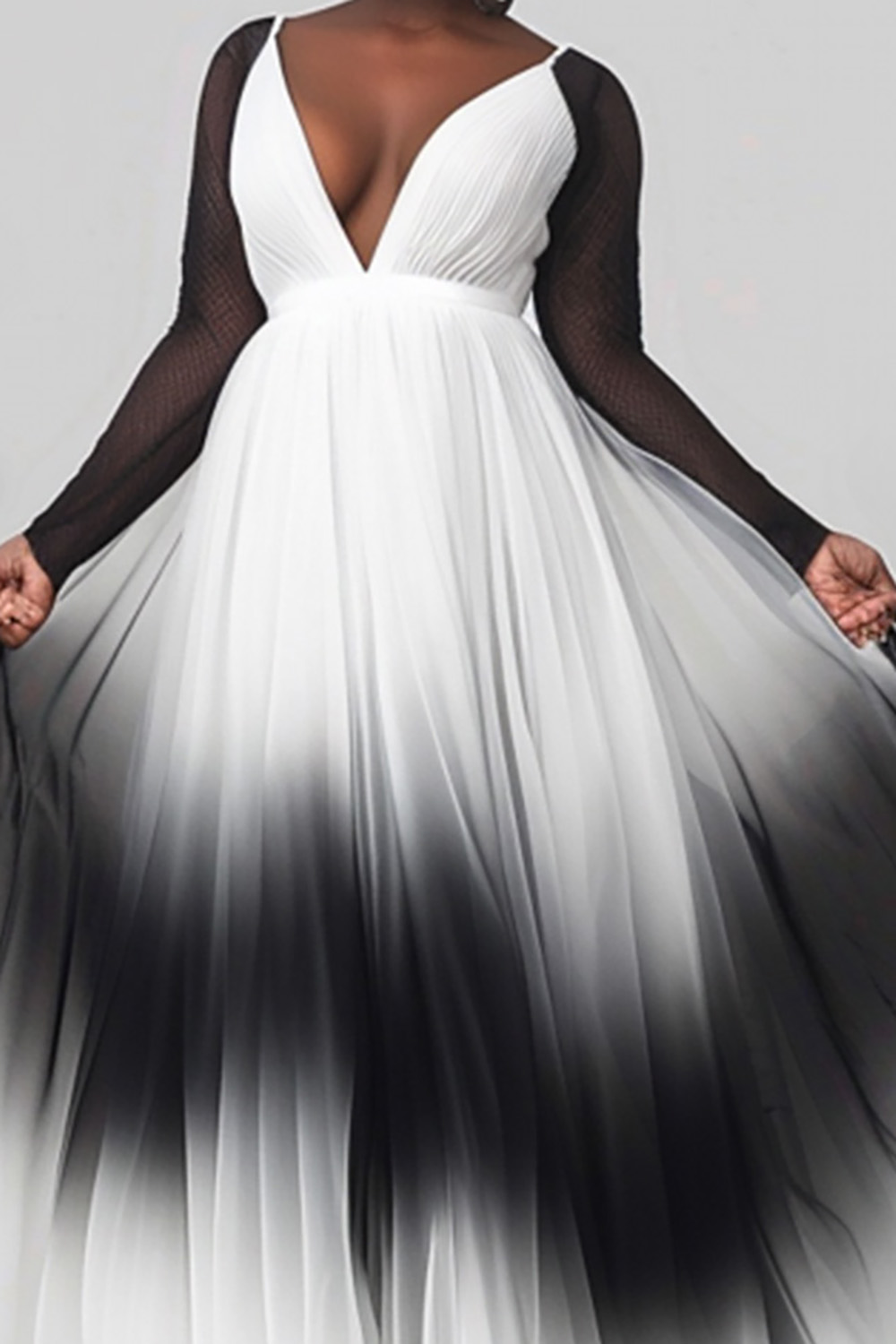 Design Plus Size Formal Elegant White Gradient V Neck Long Sleeve See Through Mesh Maxi Dresses [Pre-Order]
