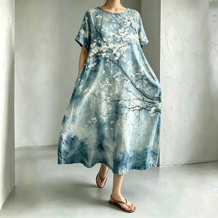 Women's Retro Japanese Art Floral Print Dress