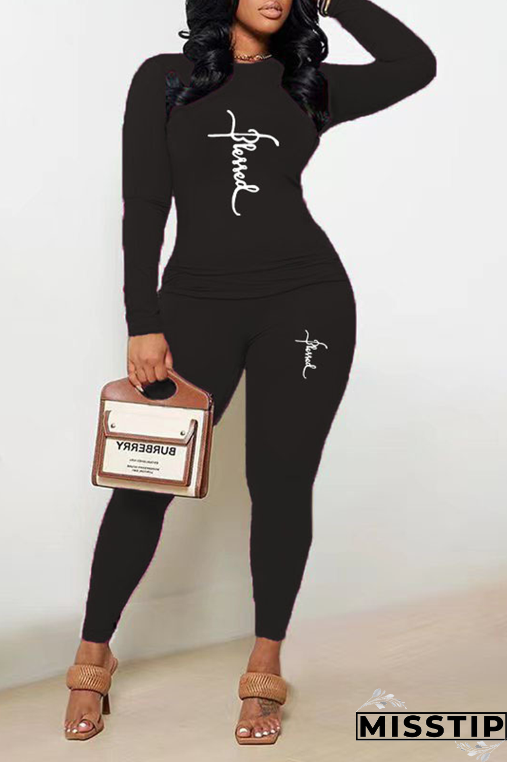 Black Street Print Patchwork O Neck Long Sleeve Two Pieces