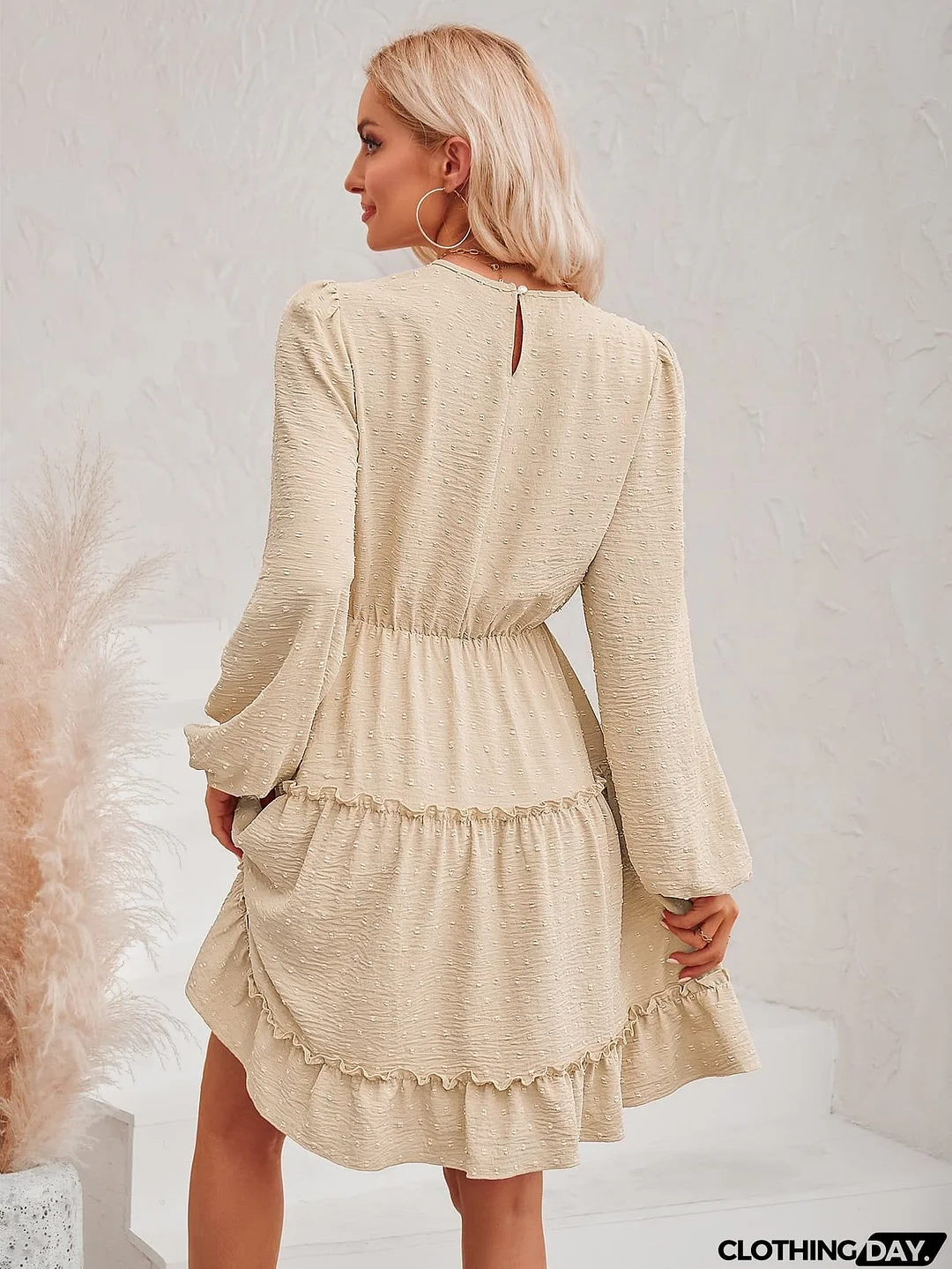 Swiss Dot Lace Trim Balloon Sleeve Dress