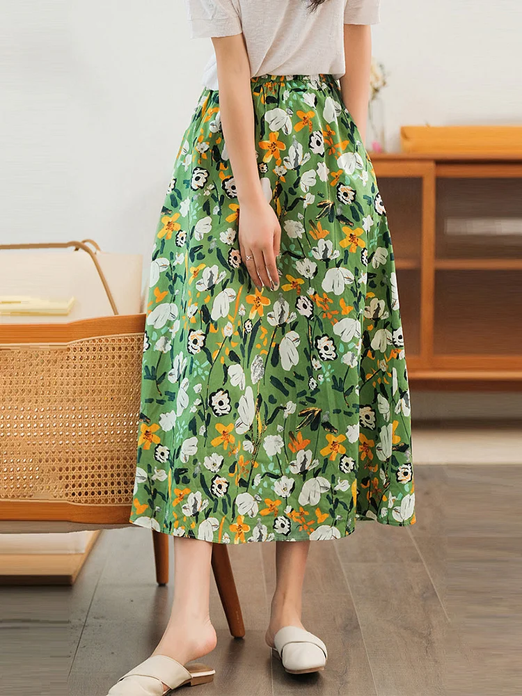 Floral Casual Elastic Waist Cotton Skirt