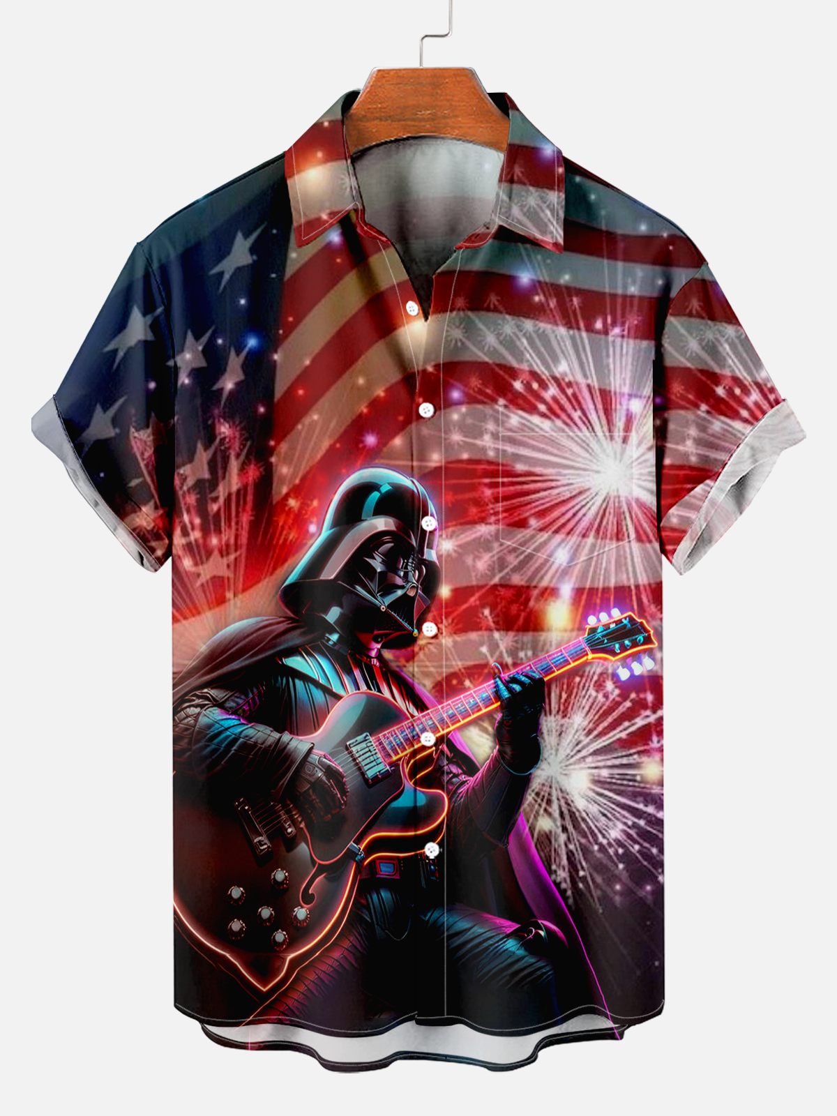 Men's Comfortable American Flag Soldier Playing Guitar Fireworks Print Shirt PLUSCLOTHESMAN