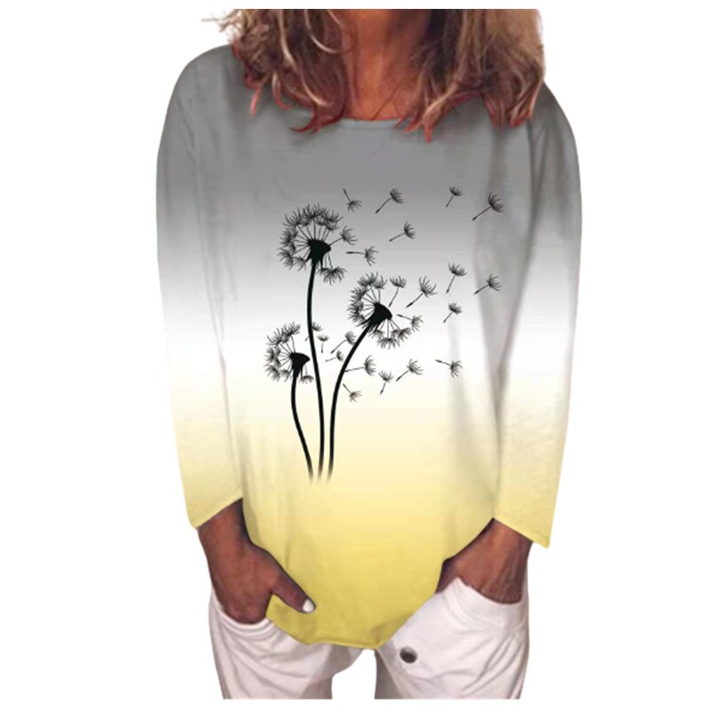 Gradient Flower Print Dandelion T Shirts Women Long Sleeve Casual Tops Fashion Street Ladies Kwaii Tee Shirt Autumn Clothes 2021