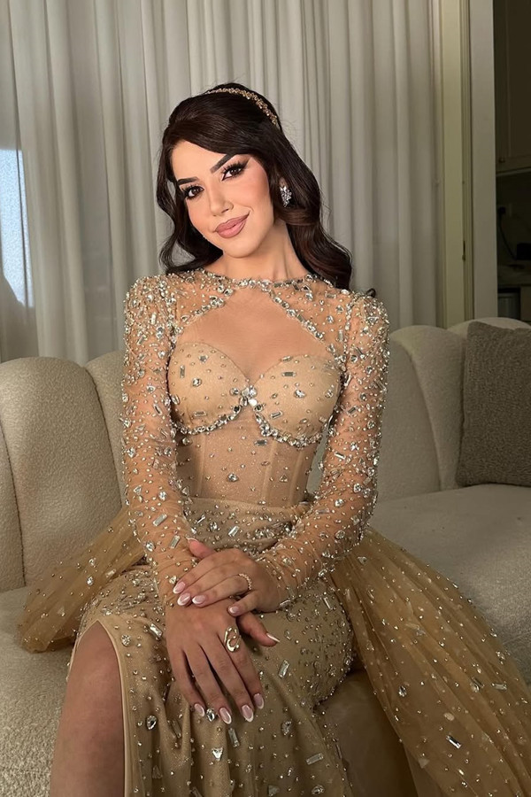 Bellasprom Long Sleeves Slit Overskirt Prom Dresses Mermaid With Rhinestones Bellasprom