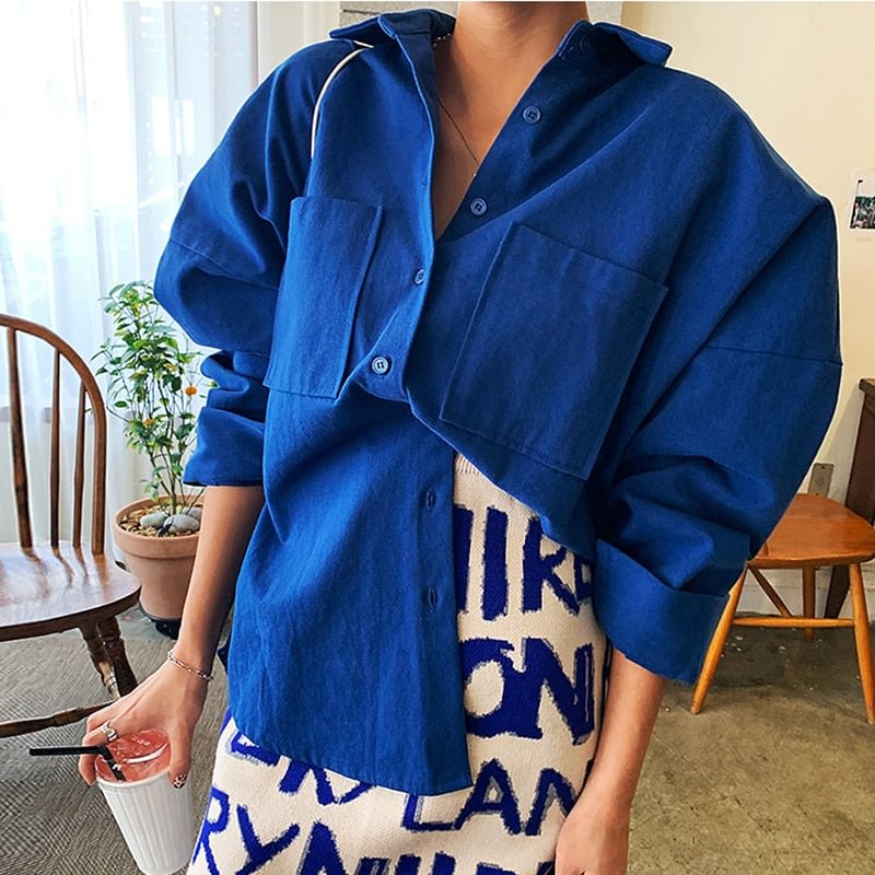 2021 New Women Solid Corduroy Batwing Sleeve Vintage Blouse Turn-Down Collar Loose Top Button Up Blue Shirt Feminina Blusa