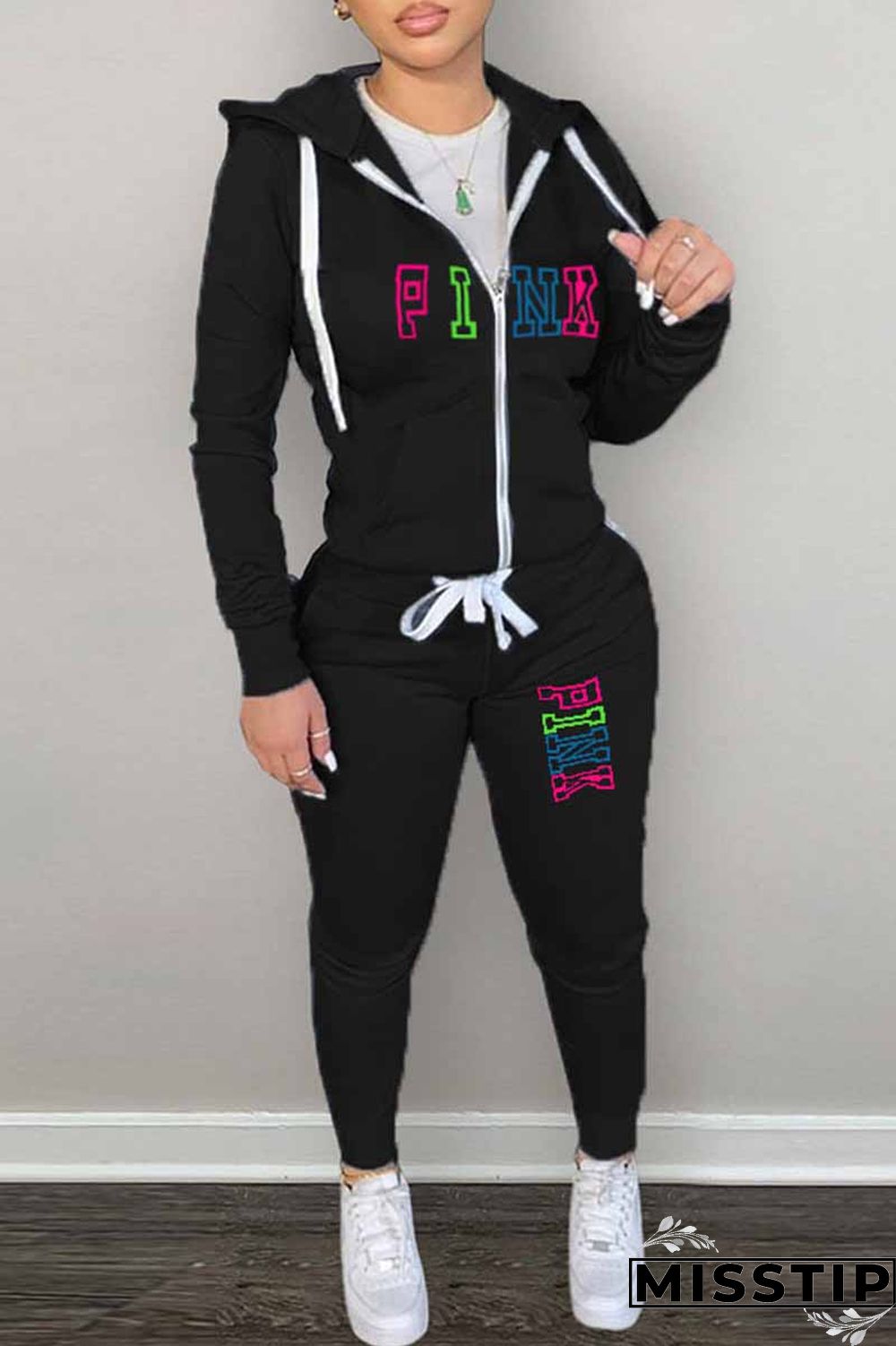 Black Casual Print Letter Hooded Collar Long Sleeve Two Pieces