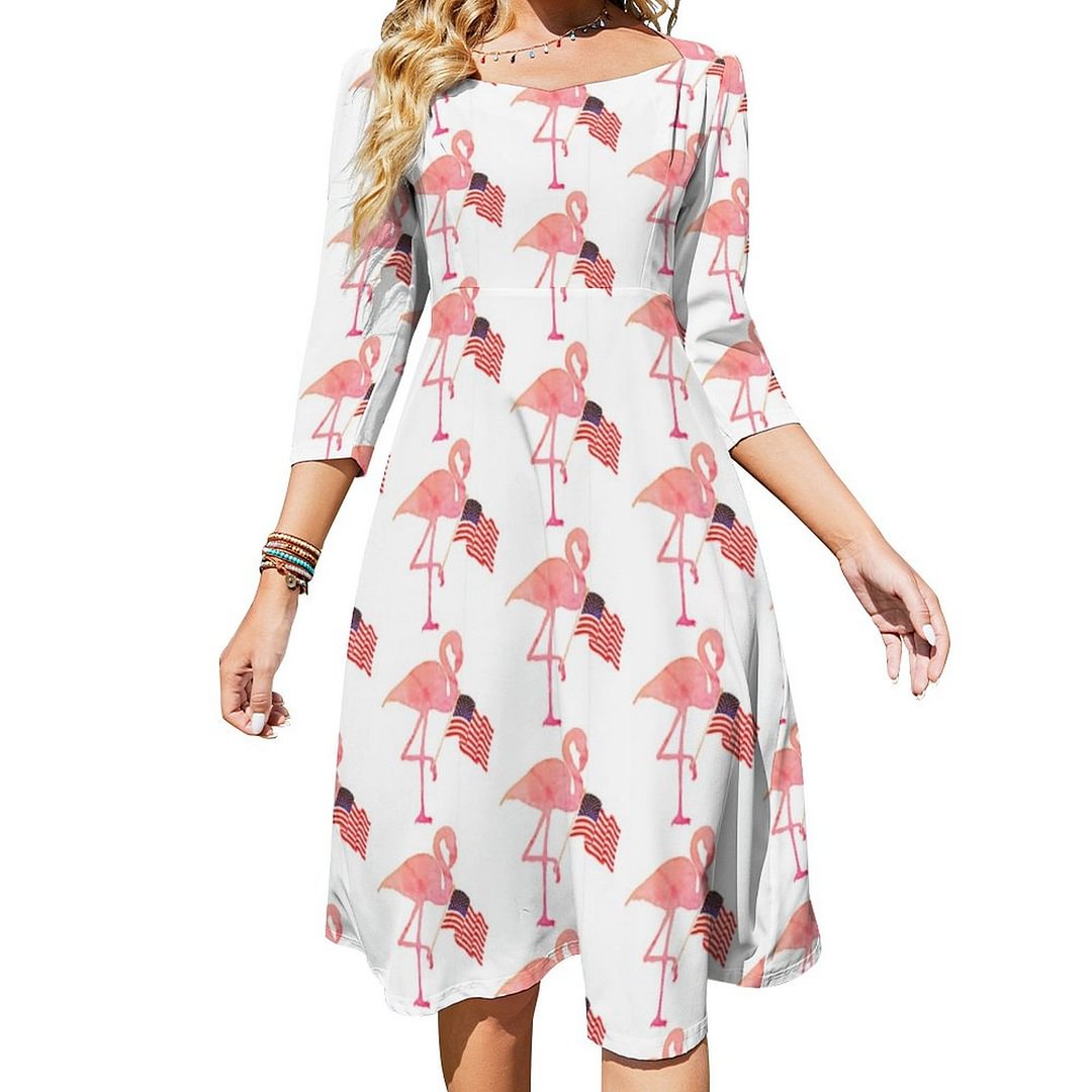 Funny Flamingo Fourth Of July Independence Day Dress Sweetheart Tie Back Flared 3/4 Sleeve Midi Dresses