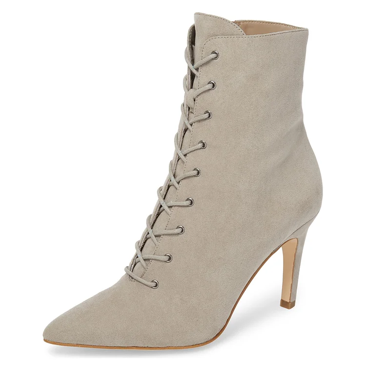 Beige Lace Up Boots Elegant Pointed Toe Ankle Boots with Zipper |FSJ Shoes