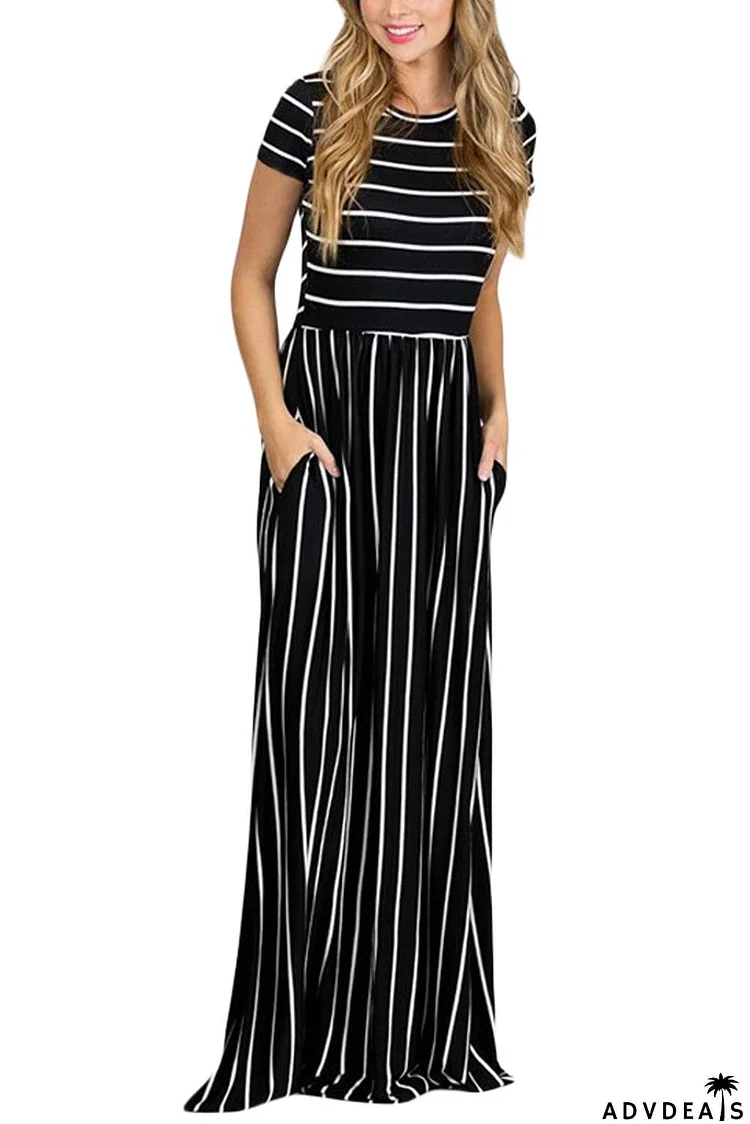 Striped Black Short Sleeve Maxi Dress