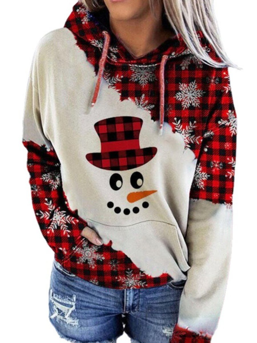 Christmas Sweatshirt Printed Drawstring Hoodied Long Sleeve Pocket Loose Plus Size Tops