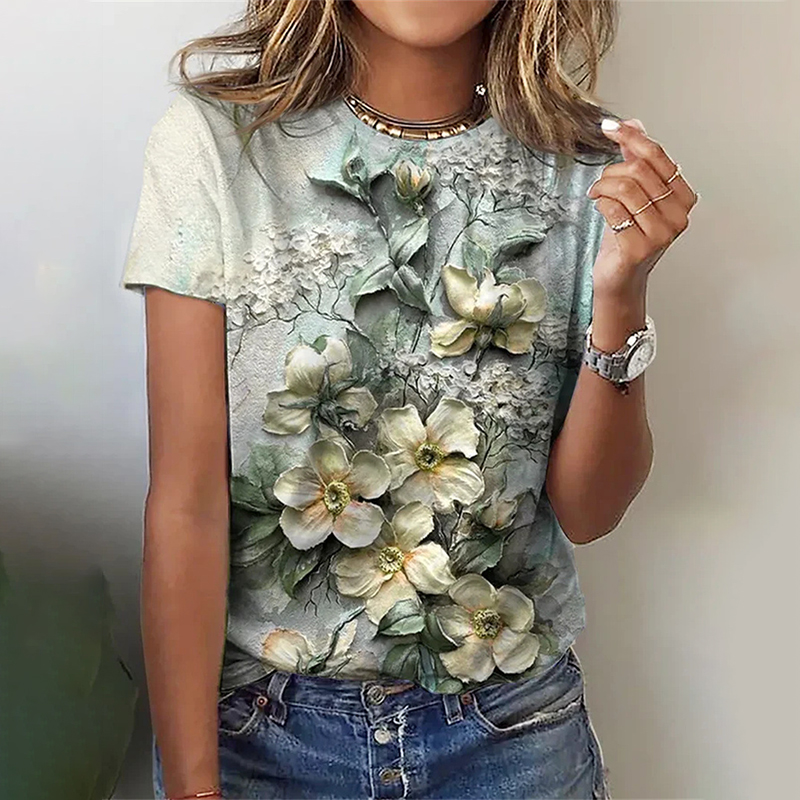 Vintage Flower Print Round Neck Short Sleeve T-Shirt