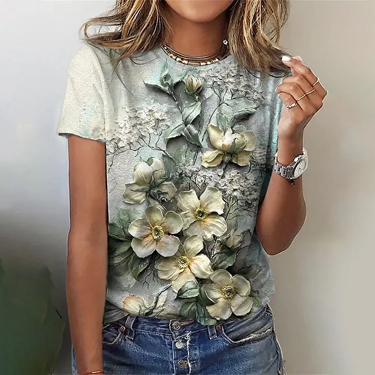 Vintage Flower Print Round Neck Short Sleeve T-Shirt