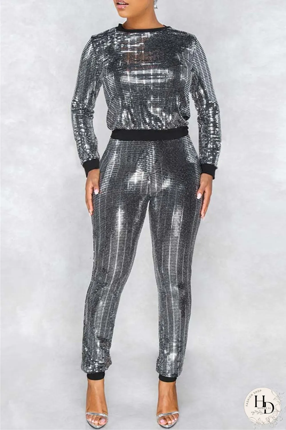 Brown Fashion Casual Patchwork Sequins O Neck Long Sleeve Two Pieces