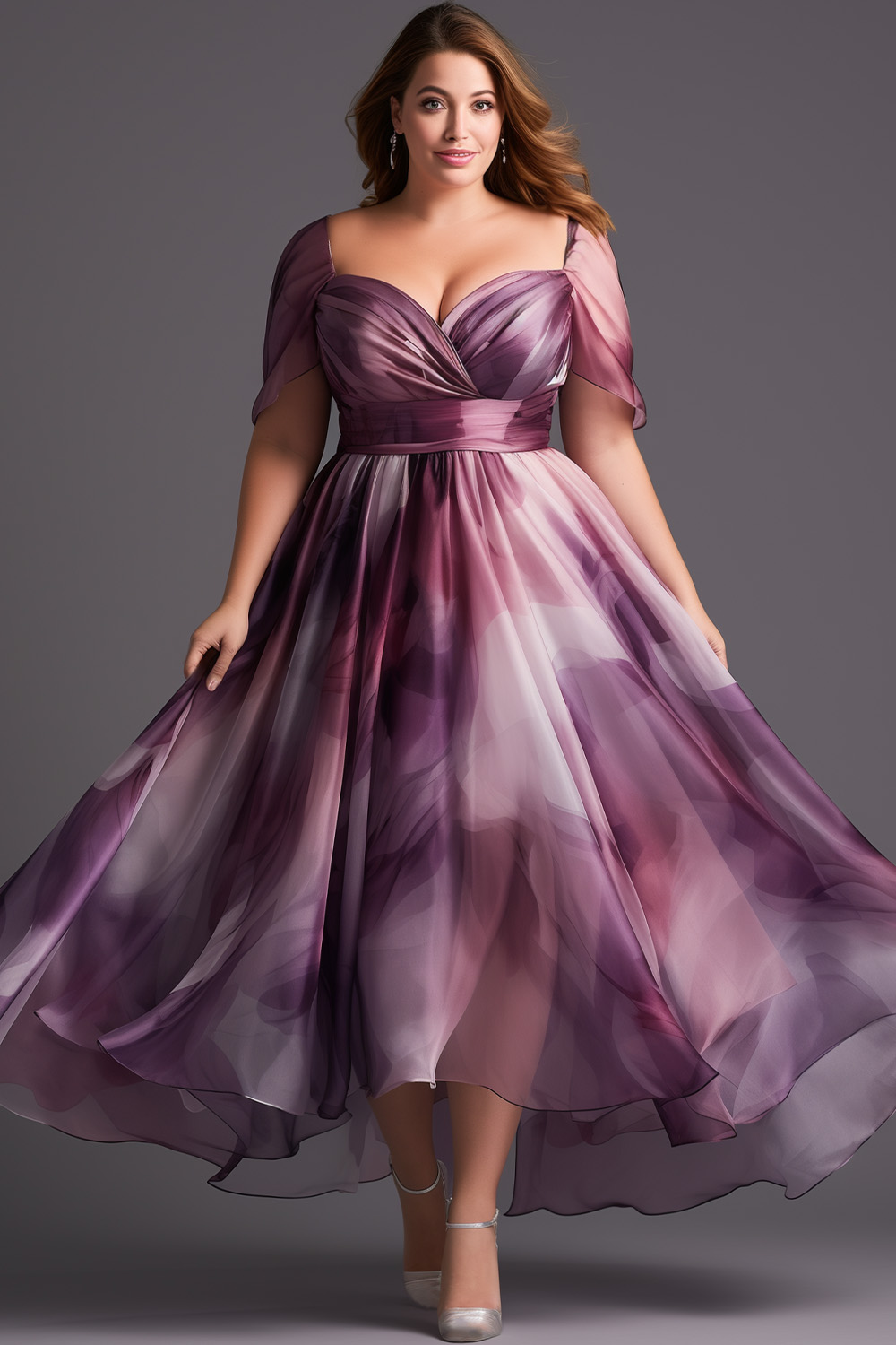 Flycurvy Plus Size Wedding Guest Purple Chiffon Floral Print Wrap Maxi Dress