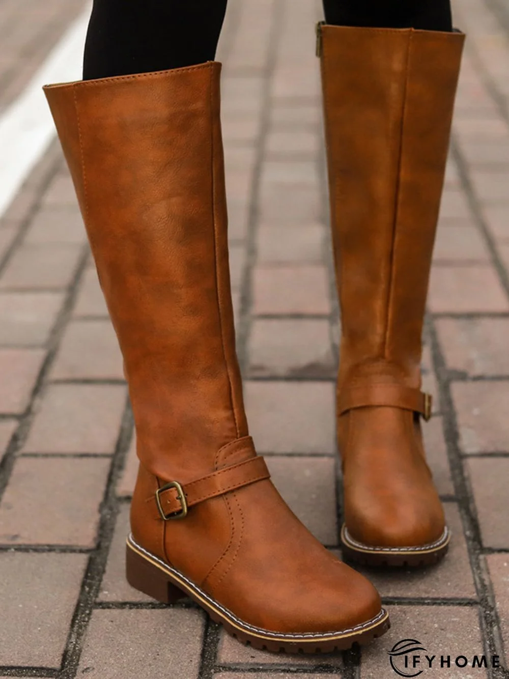 Vintage Round Toe Buckle Tall Boots Chunky Heel Riding Boots | IFYHOME