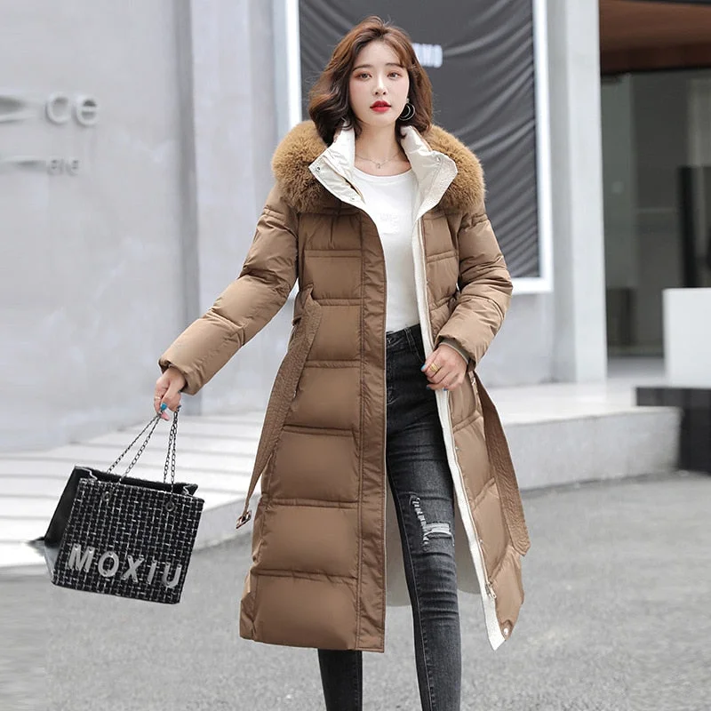 2021 Winter Jackets New Loose Big Fur Collar Mid-length Down Padded Jacket Women's Parka Long Over The Knee Waist Padded Coats