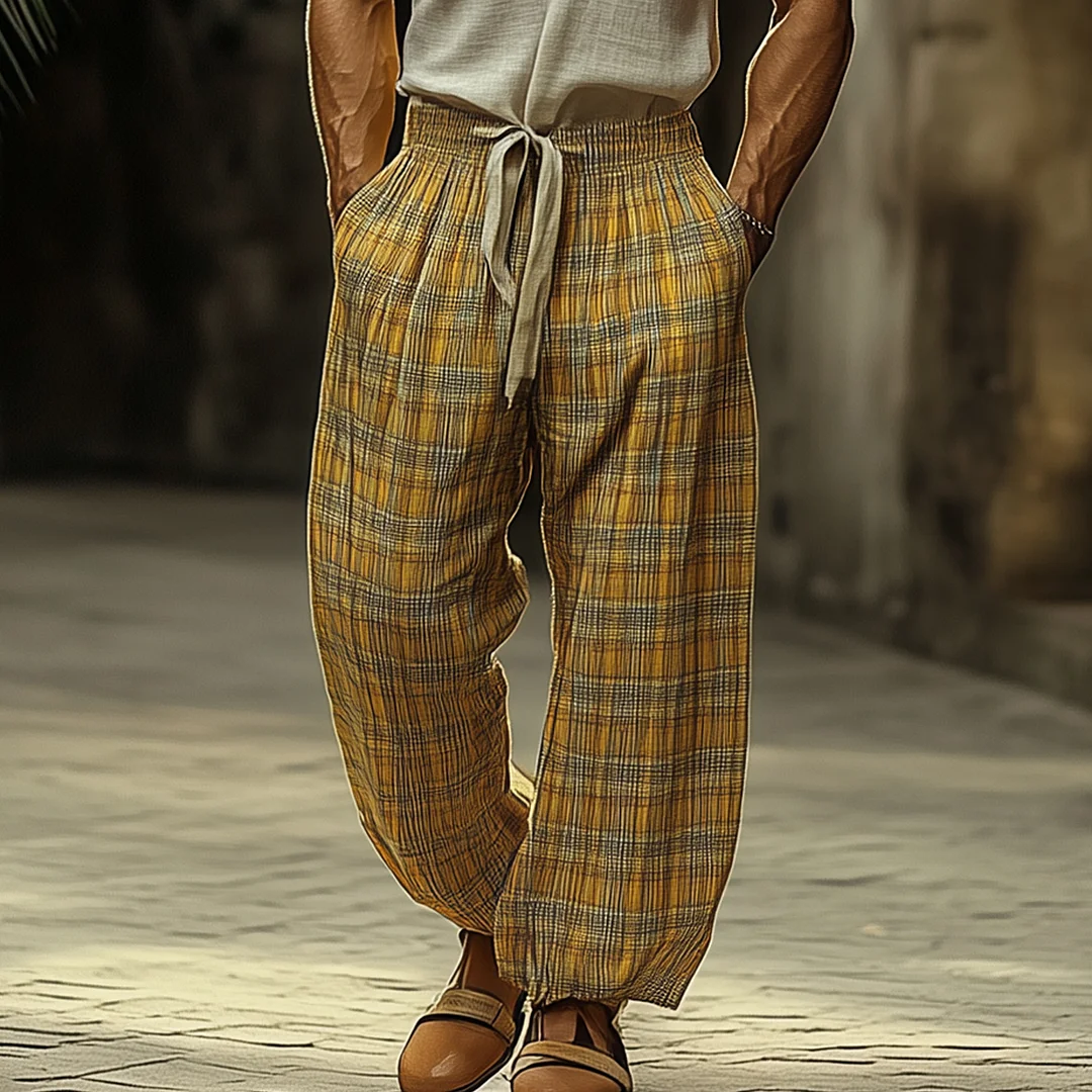 Plaid Wide-Leg Lounge Pants With Adjustable Waistband-inspireuse