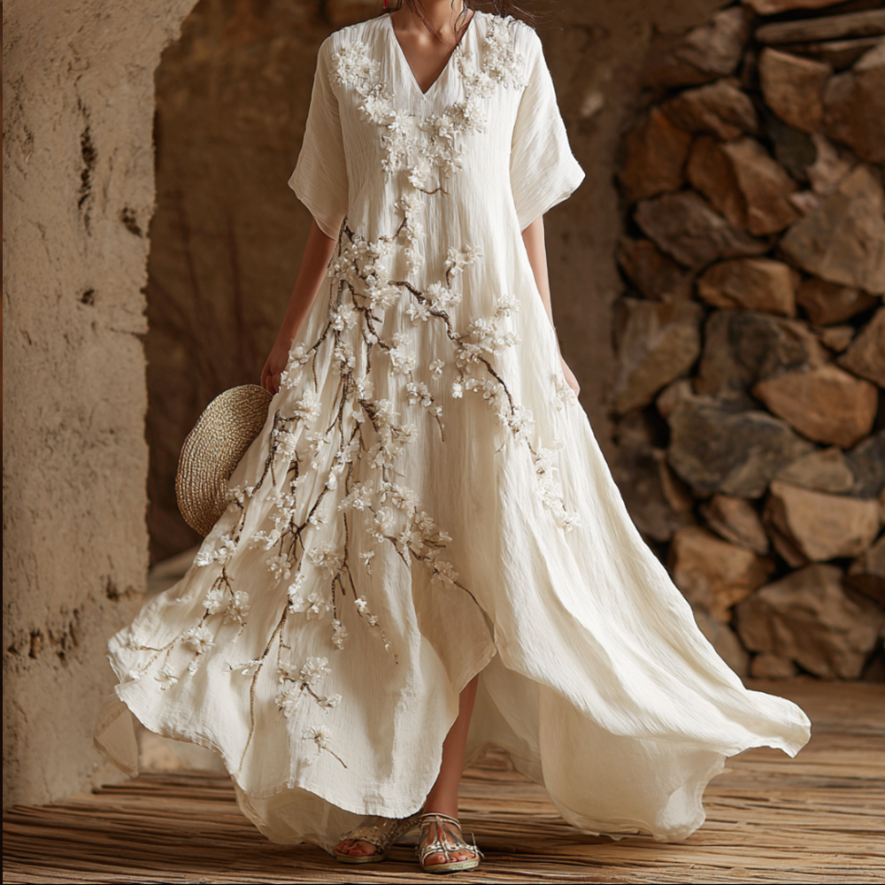 Women's Sakura Art Embroidery V-neck Cotton Linen Blend Short Sleeve Casual Dress elevenforest