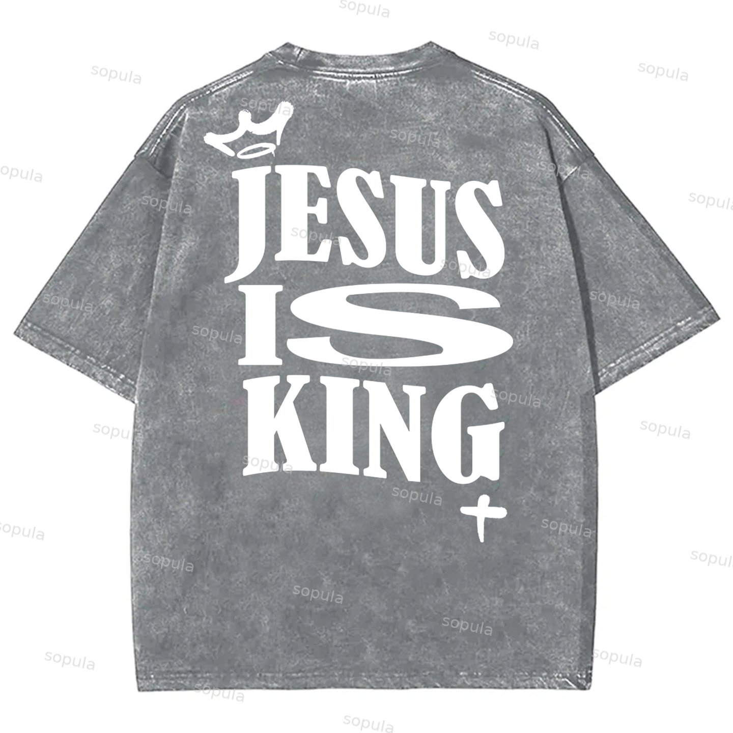 Sopula Vintage Jesus Is King Print Acid Washed T-Shirt - SOPULA
