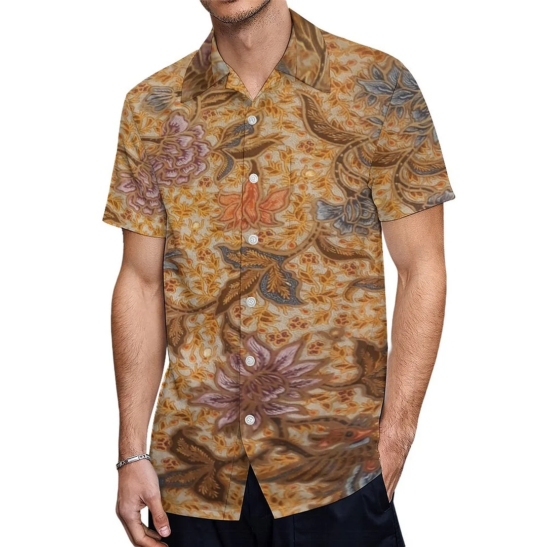 Vintage Brown Java Traditional Batik Hawaiian Shirt Mens Button Down Plus Size Tropical Hawaii Beach Shirts