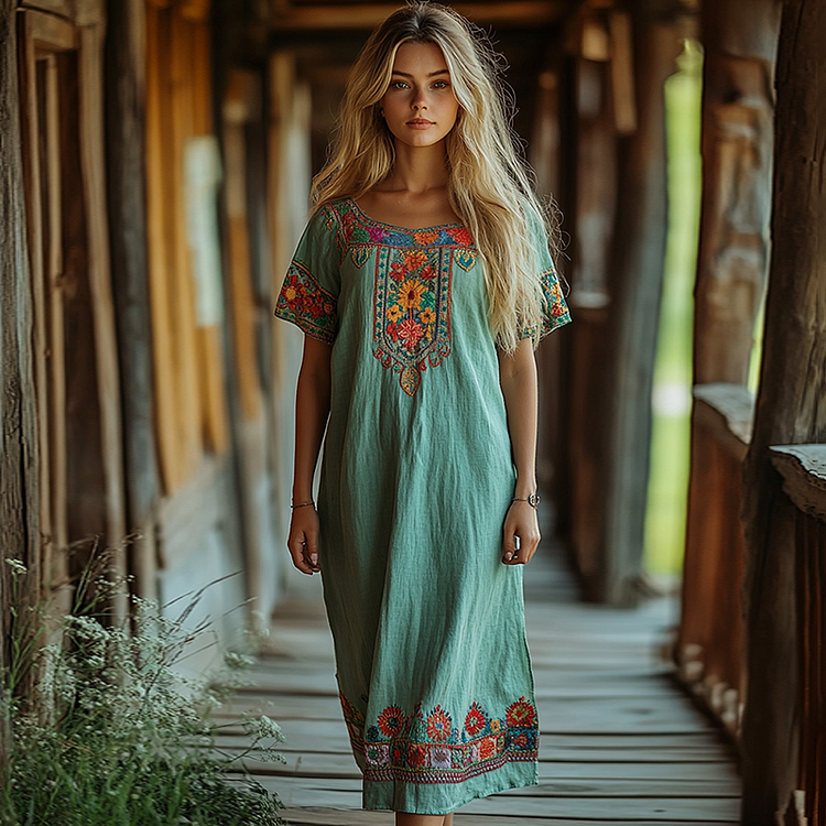 Vintage Bohemian Floral Embroidery Loose Midi Dress