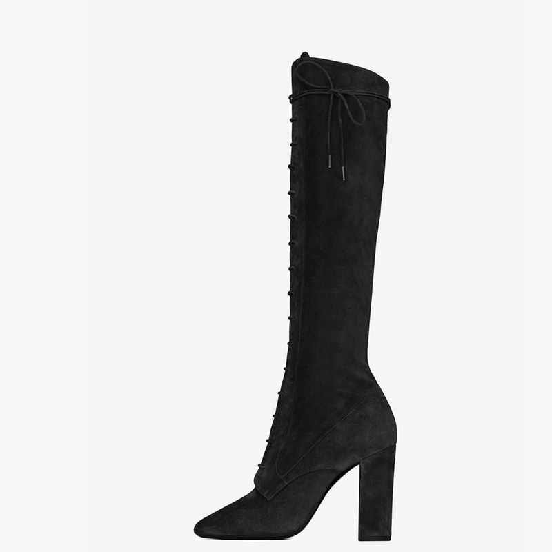 TAAFO Black Knee Long Boots High Chunky Heels WomenRound Toe Zipper Flock Ladies Shoes