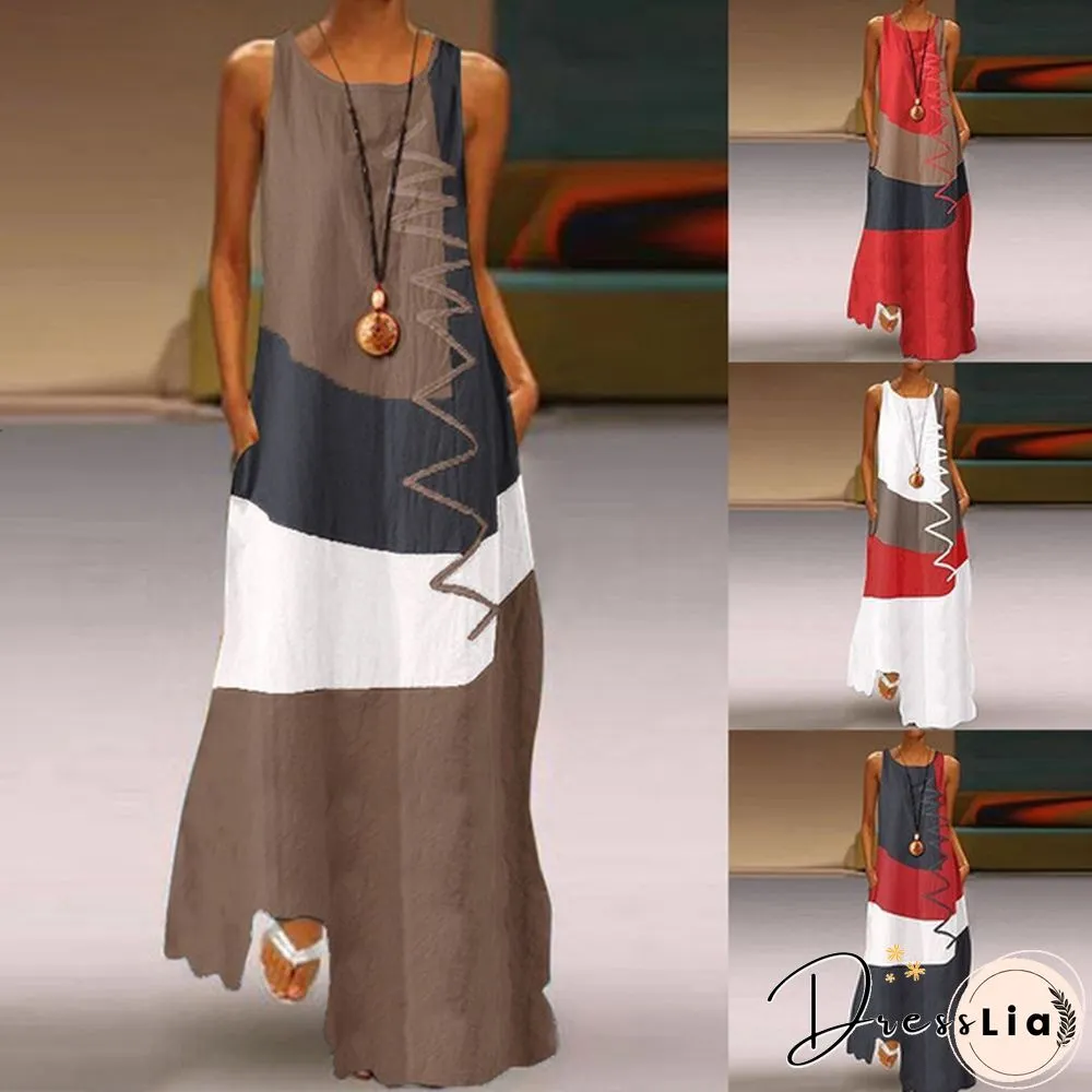 Vintage Color Stitching Maxi Dress Women's Summer Sundress Casual Sleeveless Tank Female O Neck RobeCIU8