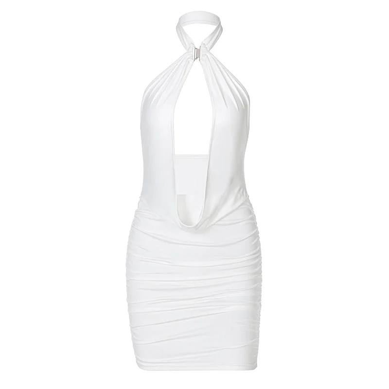 Hawthaw Women Summer Halter Hollow Out Bodycon Solid Color Backless Package Hip Mini Dress 2021 Female Clothing Streetwear