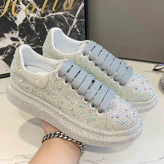 Diamond Silver Leather Sneakers For Women  Stunahome.com