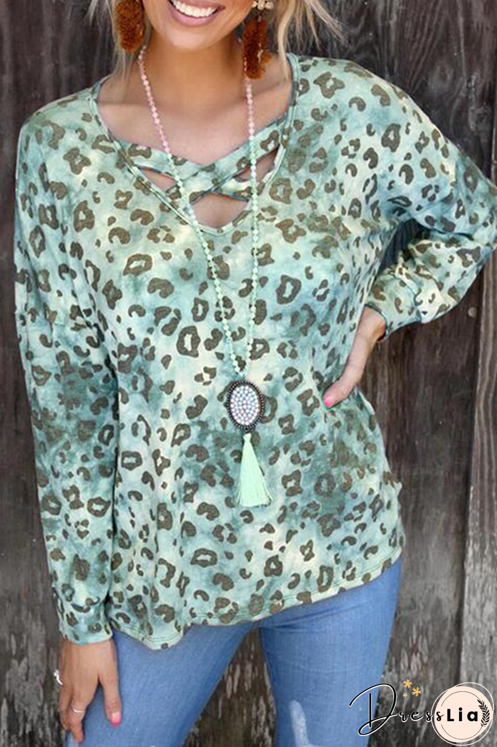 Casual Leopard Hollowed Out Split Joint V Neck Tops(3 colors)