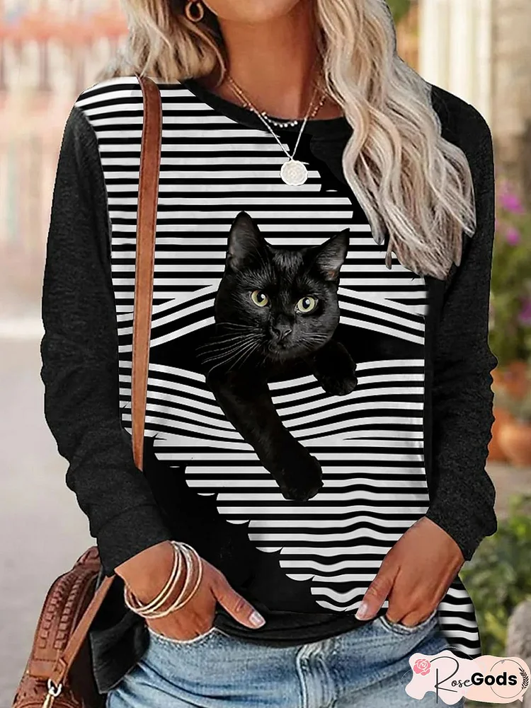 Striped Casual Autumn Polyester Lightweight Micro-Elasticity Loose Long Sleeve H-Line T-Shirt For Women