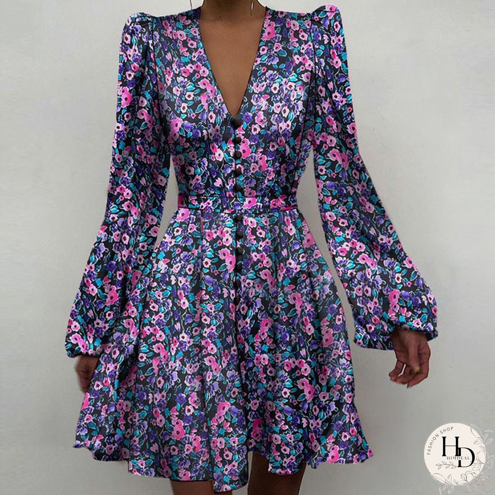 V-neck Temperament Slim Dress Lantern Sleeve Skirt