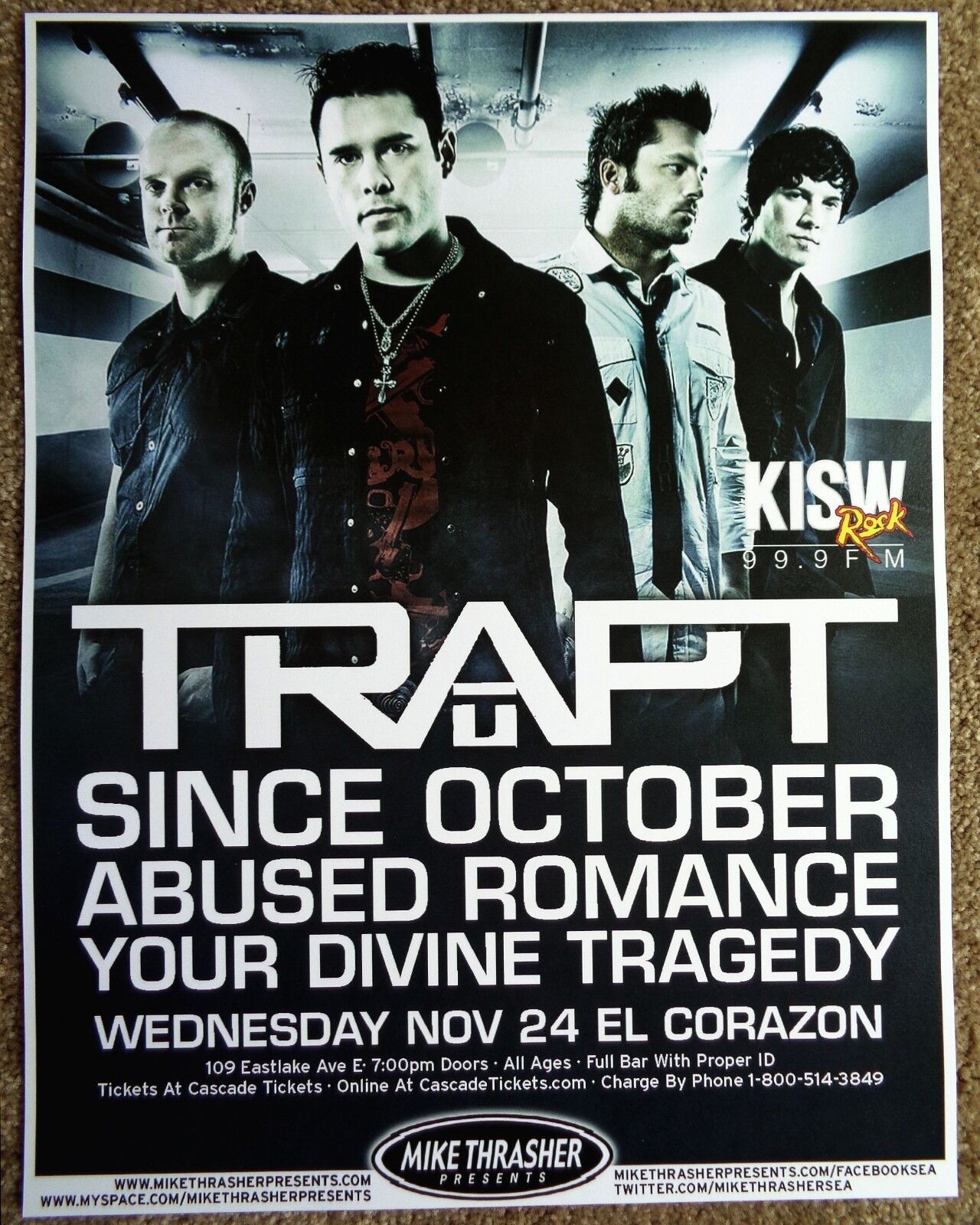 TRAPT 2010 Gig POSTER Seattle Washington Concert