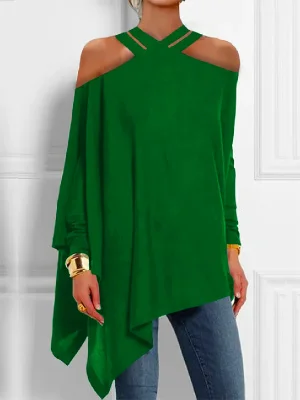 Image of Loose Asymmetric Hollow Solid Color Cold shoulder Blouses&shirts Tops