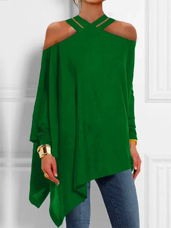Loose Asymmetric Hollow Solid Color Cold Shoulder Blouses&Shirts Tops