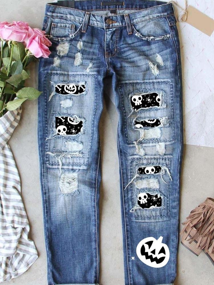 Light Blue Halloween Skull Patchwork Distressed Graphic Jeans