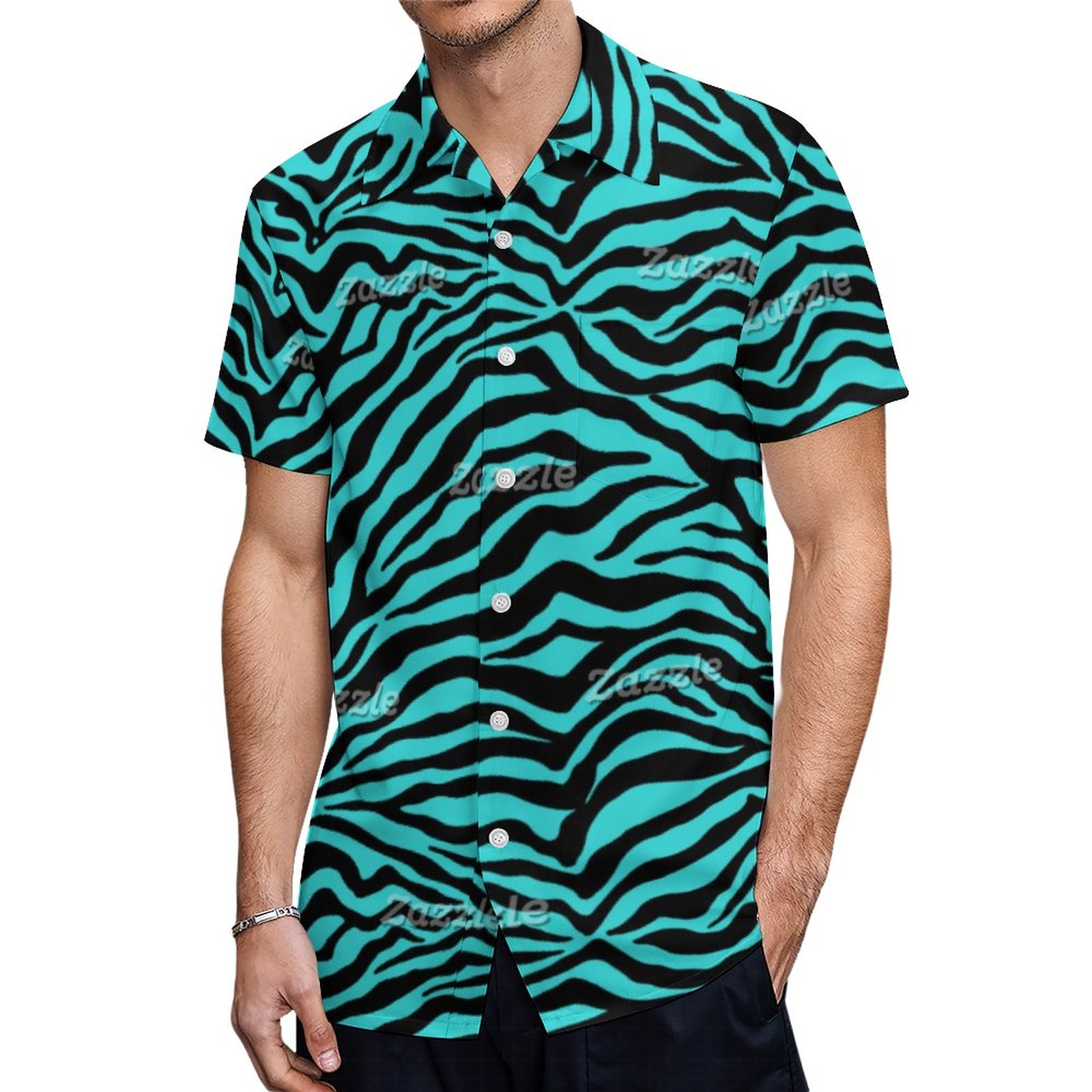 Artsy Black Turquoise Funky Zebra Print Pattern | Men's Tropical Print Hawaiian Beach Vacation Shirt | Men's Hawaiian Shirt Outfit, Hawaiian Shirts Halloween, Beach Shirts For Men