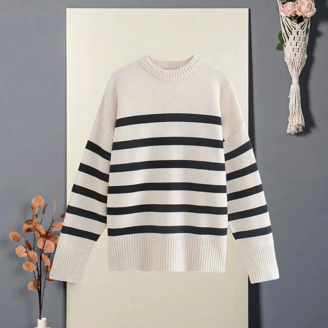 Ueong New Fashion Casual Round Collar Loose Stripe Fat Sleeve Knit Women's Top