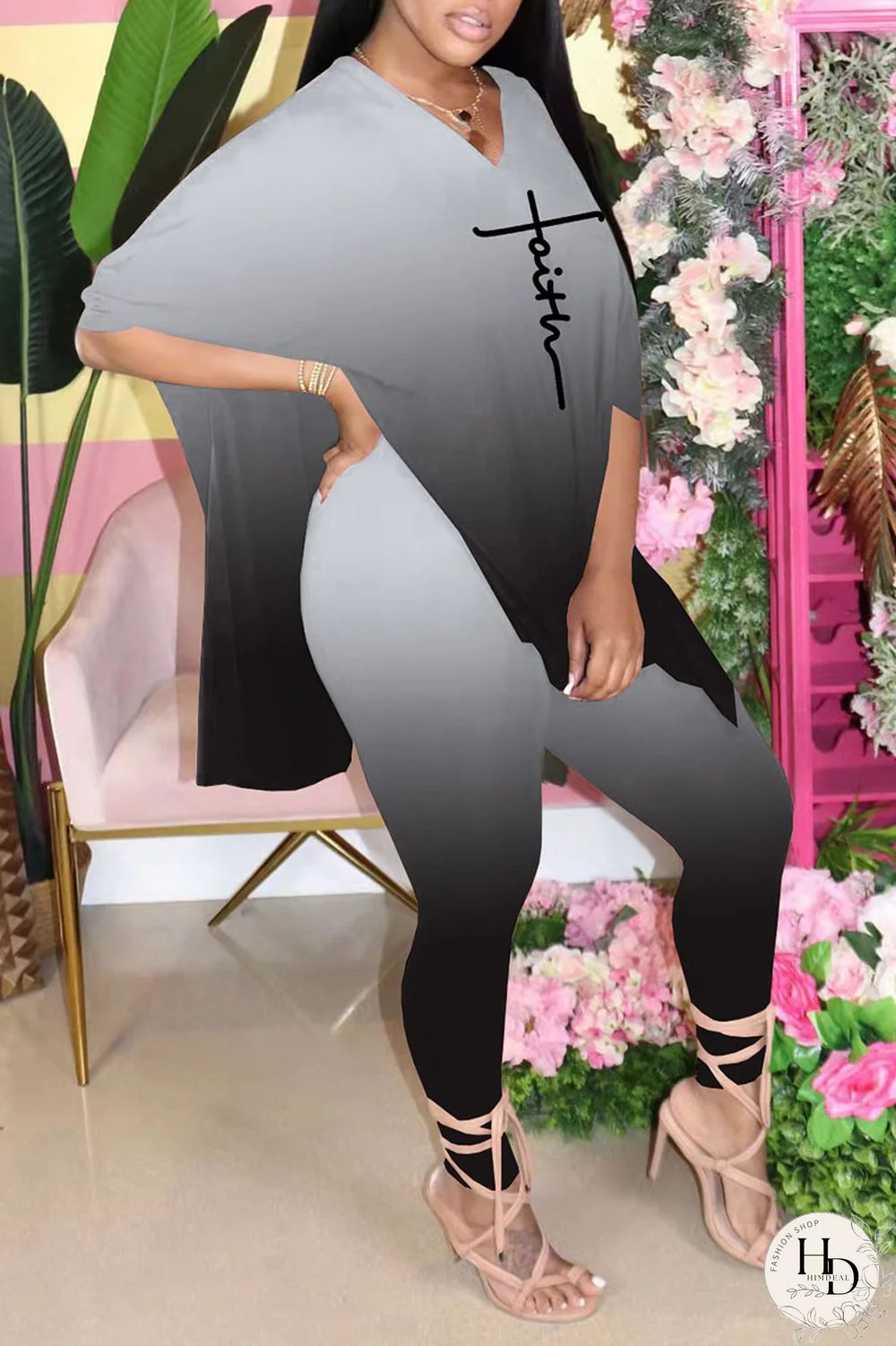 Blue Casual Gradual Change Print Patchwork Slit V Neck Half Sleeve Two Pieces