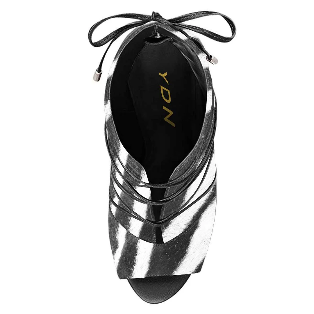 Black & White Striped Vegan Leather Boots with Stiletto Heel