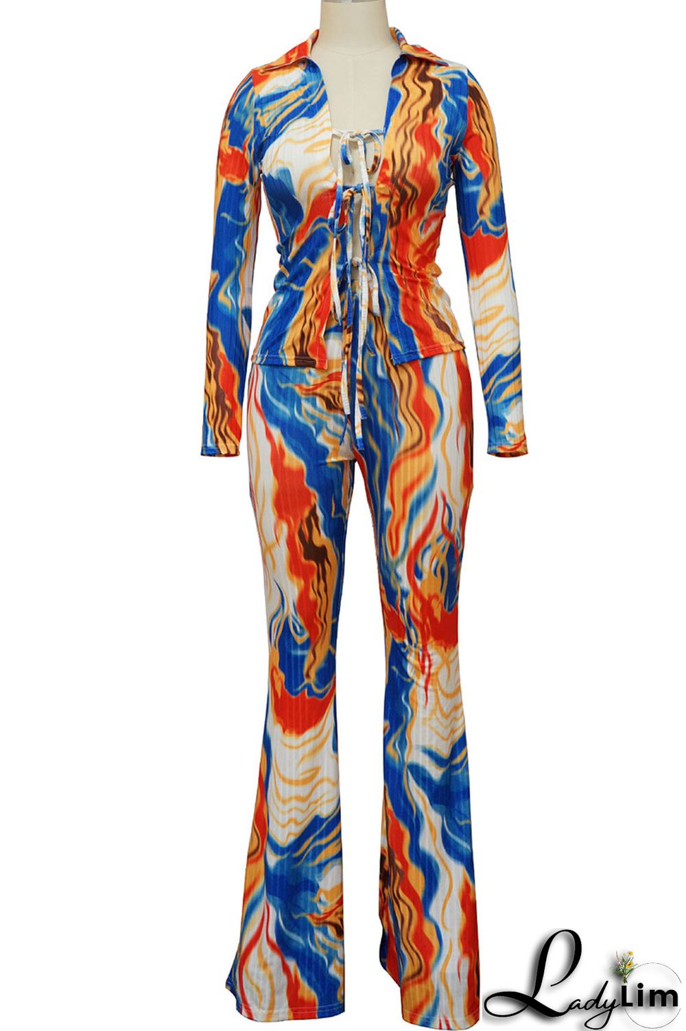 Blue Sexy Print Bandage Patchwork Turndown Collar Long Sleeve Two Pieces